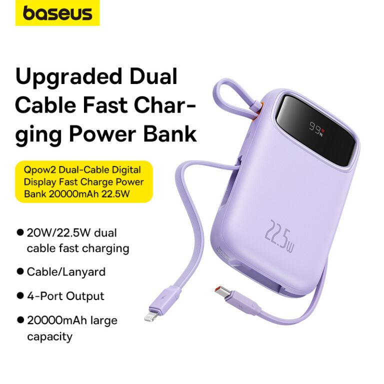 Baseus Power Bank 20000mAh PD 22.5W 20W Fast Charging Powerbank Built in Dual-Cable Portable Charger Digital Display For Phone hanya RM99.90 di Shopee